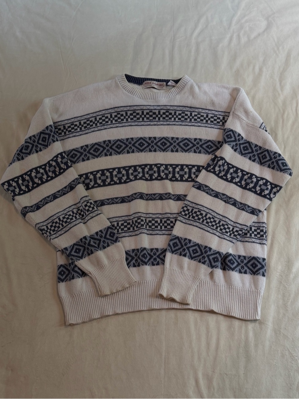 John Ashford White and Navy Crewneck Sweater